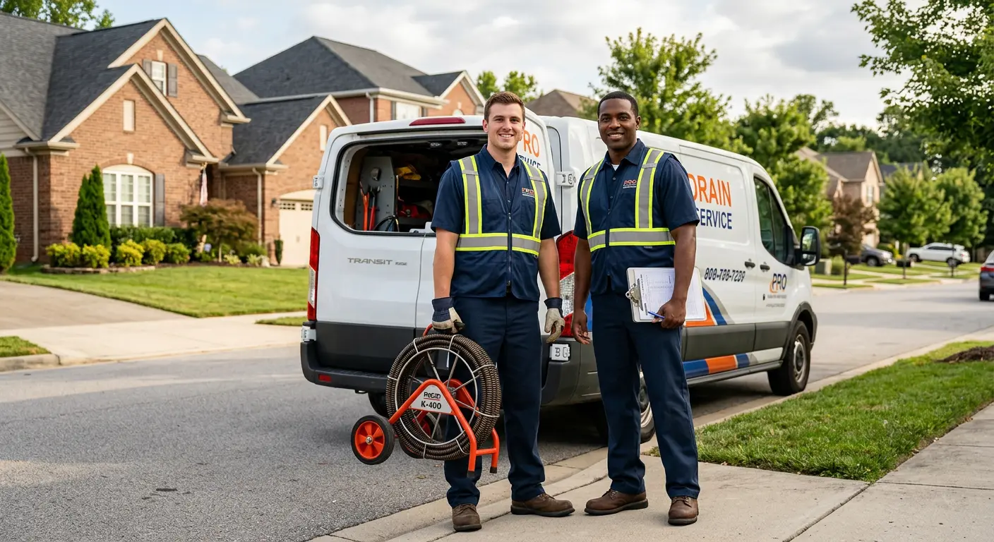 Sewer and drain service team with equipment ready for work in East Brandywine