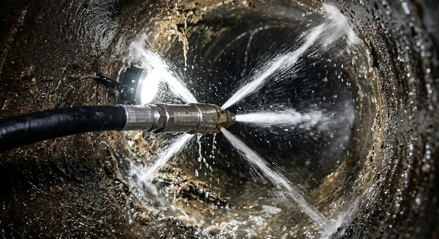 High-pressure hydro jetting nozzle cleaning sewer pipe for Trenchless Sewer Repair in East Brandywine