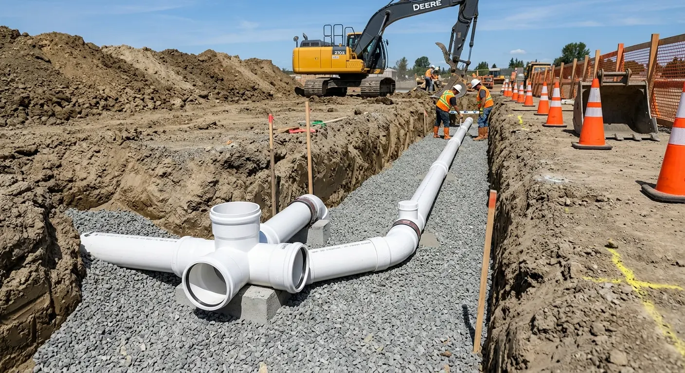 New PVC sewer pipe installation in open trench for Commercial Drain Cleaning in East Brandywine