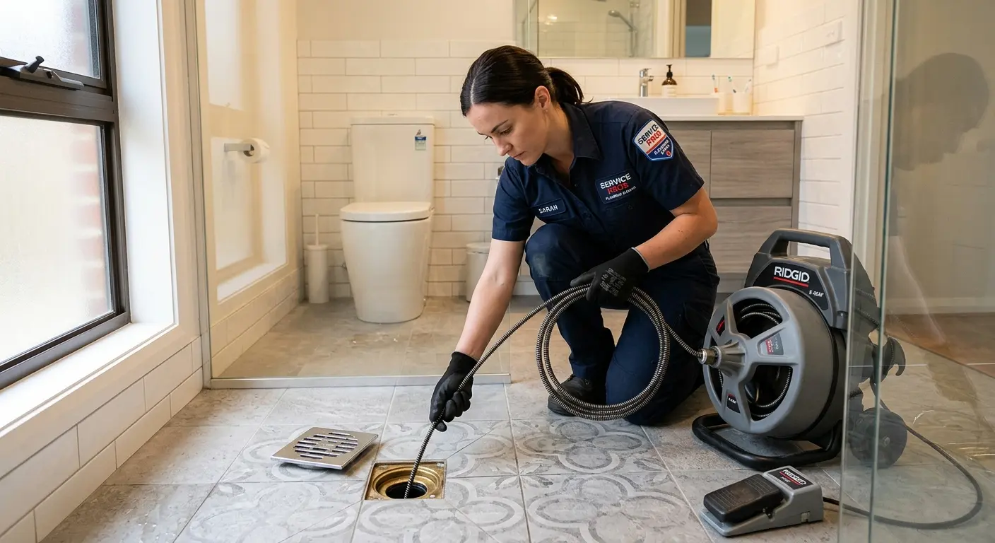 Technician clearing a bathroom floor drain for Sewer Line Replacement in East Brandywine